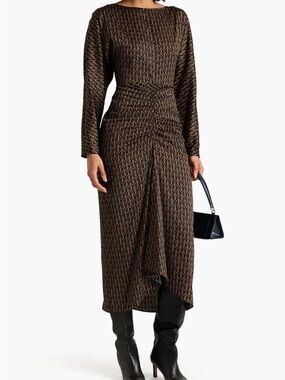 Veronica Beard Navy Ruched Midi Dress with Gold Chainlink print